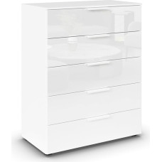 Rauch Möbel Flipp, Tall Chest of Drawers with Lots of Storage Space for Hallway, Living Room, Bedroom, Alpine White/Glass Front White, 5 Drawers, White Handles, 80 x 100 x 42 cm