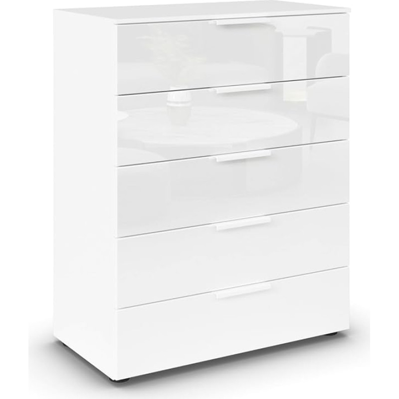 Rauch Möbel Flipp, Tall Chest of Drawers with Lots of Storage Space for Hallway, Living Room, Bedroom, Alpine White/Glass Front White, 5 Drawers, White Handles, 80 x 100 x 42 cm