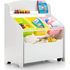 COSTWAY Children's Shelf with Rollable Compartment, Children's Bookcase, Toy Shelf with 3 Storage Boxes & Shelf, Toy Cabinet, Toy Organiser for Children's Room, Nursery (White)