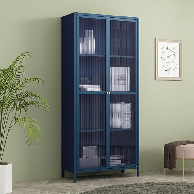 [en.casa] Säkylä Display Cabinet with 4 Shelves 180 x 80 x 35 cm Kitchen Cabinet with 2 Doors Multi-Purpose Cabinet Display Cabinet Metal Cabinet Navy Blue