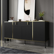 Caldion Vintage Living Room Sideboard with 4 Doors and 1 Drawer, Comode Cabinet with Adjustable Shelf, Kitchen Cabinet with Metal Legs for Entrance, Kitchen, Dining Room, Black, MDF, 160 x 40 x 80 cm