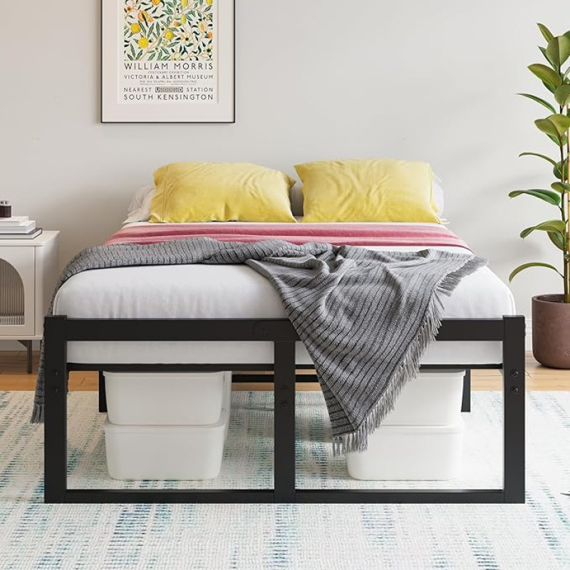 HOJINLINERO Double Bed Frame 120 x 200 cm, Bed 120 x 200 cm with Metal Slatted Frame for Mattress, Bed Frame with Storage Space Height 32 cm, Easy Assembly, Modern Metal Bed Guest Bed Youth Bed 120 x