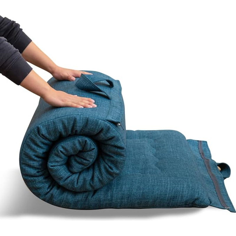 MAXYOYO Portable, Foldable Futon Mattress, Hypoallergenic Fabric and Foam Mattress Topper with Handle and Zip for Outdoor, Indoor, Camping, Guest Car (Prussian Blue, 135 x 190 cm)