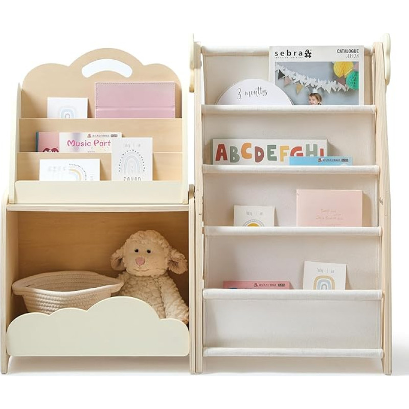 WOODEN TEETHER Children's Shelf, 3-in-1 Combinable Bookcase for Children with Storage Compartments - Montessori Toy Shelf for Playroom Children's Room, Modular Storage Bookcase, 85 x 30 x 72 cm