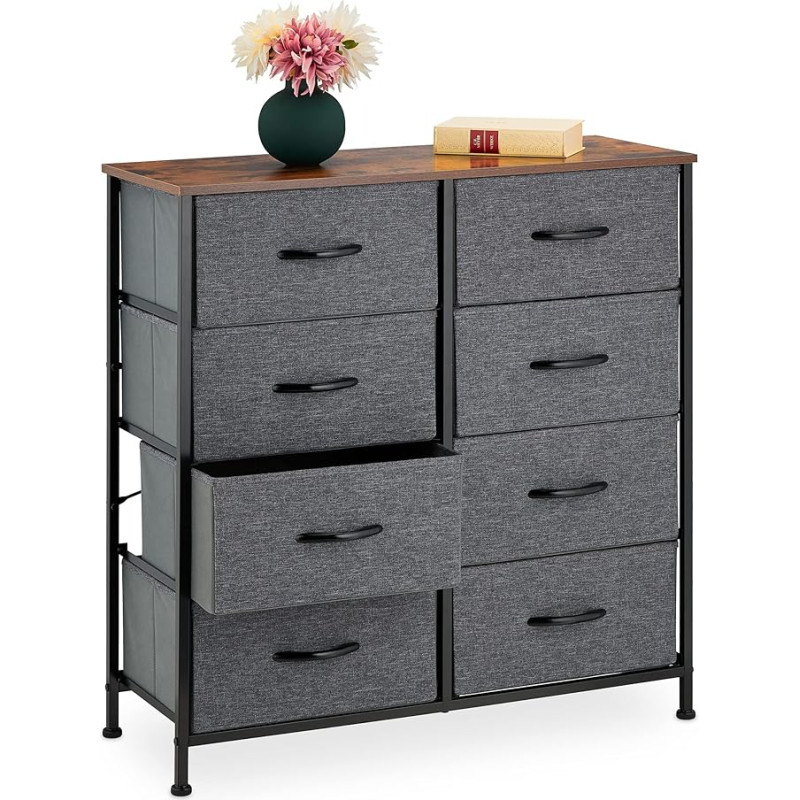 Relaxdays Industrial Chest of Drawers HBT 81.5 x 80 x 30 cm, 8 Drawers, Fabric & Metal, Wood Look, Hallway Cabinet, Grey/Brown