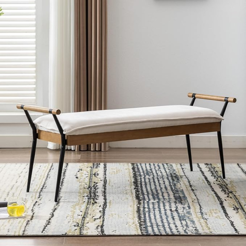 HEAH-YO Modern Entrance Bench, Soft Chenille Bedroom Bench with Armrests and Metal Legs, 18