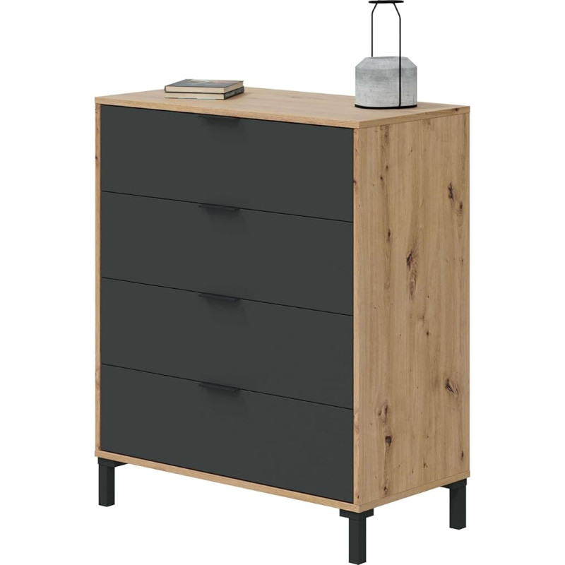 Habitdesign Enzo Chest of Drawers with 4 Drawers for Bedroom, Nodi Oak and Charcoal Finish, Dimensions: 77.5 cm (W) x 94 cm (H) x 40 cm (D)
