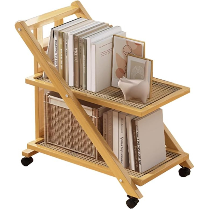 CUXAHO Rattan Side Table, Folding Tray Table, Sofa Table with Wheels, Mobile Coffee Table, Living Room Table, Bedside Table, Storage Space for Bedroom, Living Room (50 x 32 x 57 cm)