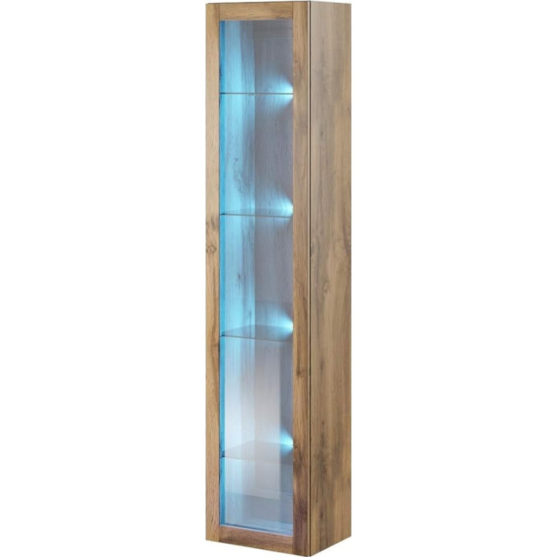 Furniture24 Vigo Hanging Display Cabinet, Display Cabinet, Wall Cabinet, Wall Cabinet with 1 Door, Cabinet, Living Room Cabinet, Handless, Push to Open (Wotan Oak)