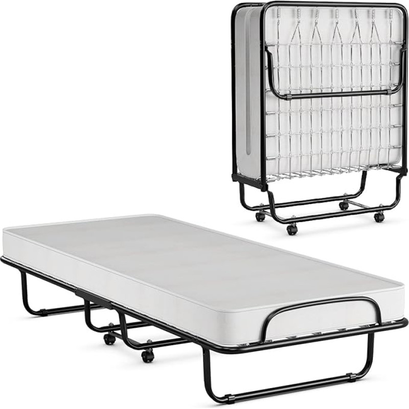 Giantex Folding Guest Bed, 80 x 190 cm, Adult, Single Bed Including Mattress Memory Foam, Travel Cot with 4 Wheels, Folding Bed, Metal Bed, Maximum Load 120 kg