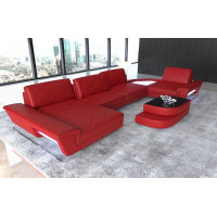 Ferrara Leather Sofa U-Shape Living Landscape with USB Lighting Sofa with Headrests Designer Sofa Couch (Ottoman Left, Red-Black)