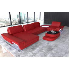 Ferrara Leather Sofa U-Shape Living Landscape with USB Lighting Sofa with Headrests Designer Sofa Couch (Ottoman Left, Red-Black)