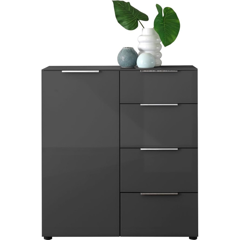 Santorin Chest of Drawers Anthracite with Glass Front, Cabinet Body in Anthracite with Glass Top Shelf with Lots of Storage Space and Drawers for Your Living Area – 90 x 99 x 40 cm (W x H x D)