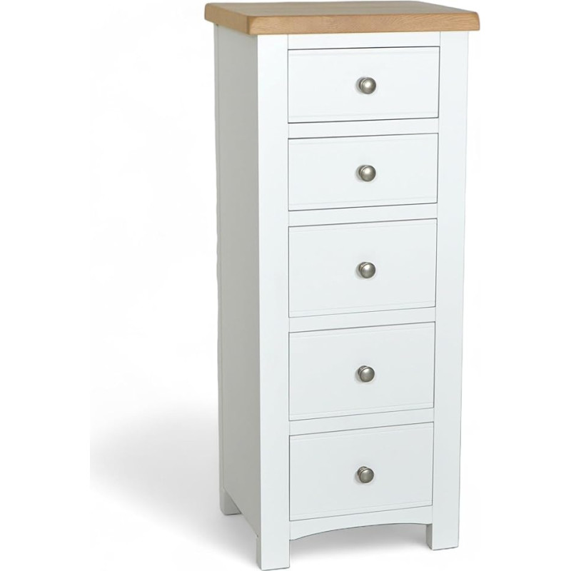 GROF Premium Slim Tallboy Chest of Drawers 5 Drawers Tall Chest of Drawers Painted Bedroom Furniture White Painted Tallboy Chest of Drawers for Bedroom Fully Assembled (White, W 48cm x D 40cm x H
