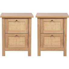 Hallowood Furniture Newquay Oak Effect Bedside Table with 2 Drawers and Rattan Front, Set of 2, Narrow Bedside Table, Lamp Table, Bedroom Storage, Bedside Table for Living Room