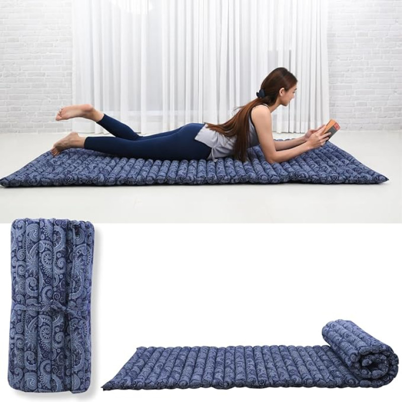 Leewadee Foldable Floor Mattress, Japanese Rollable Futon, Tatami Folding Mat, Guest Bed, Camping Mattress, Thai Massage Mat, Kapok Filling, 190 x 70 cm, Blue White