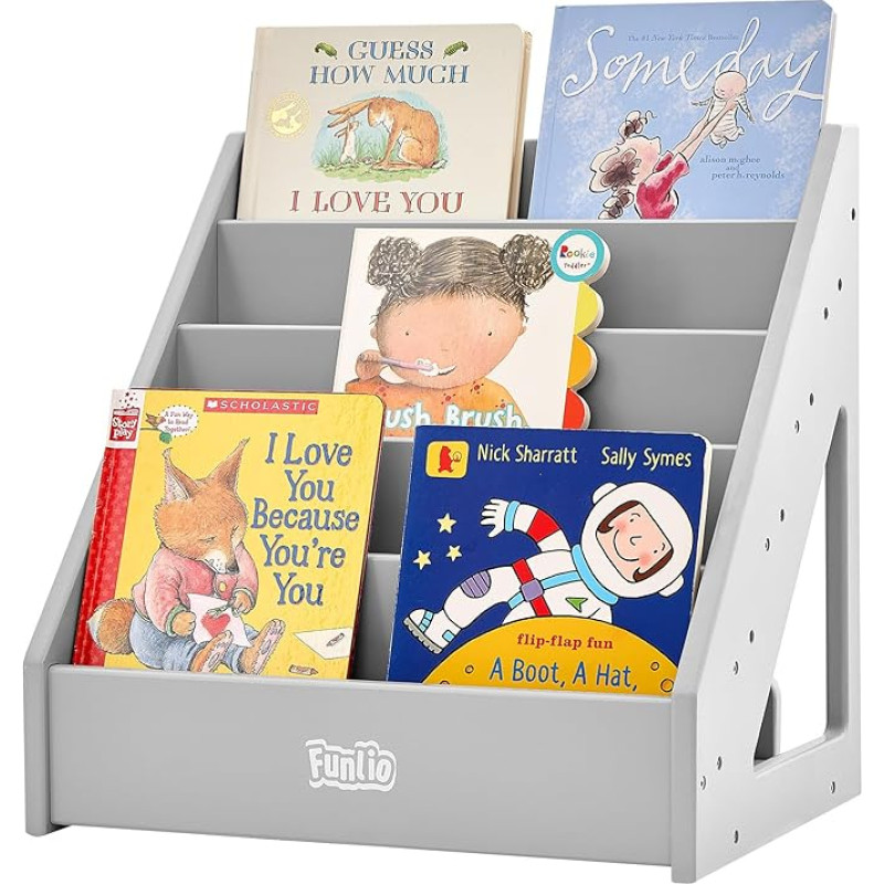 FUNLIO Montessori Toddler Bookcase for 1-5 Years Old Kids Front Facing Bookcase with Handle and Tilt Protection, High-Quality Pine Bookcase for Nursery / Classroom - Grey