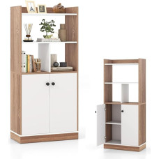 KOMFOTTEU Wooden Bookcase with Doors, Living Room Cabinet Storage Column with 2 Open Shelves, Storage Shelf, Filing Shelf, Standing Shelf, 60 x 30 x 140 cm, White & Natural