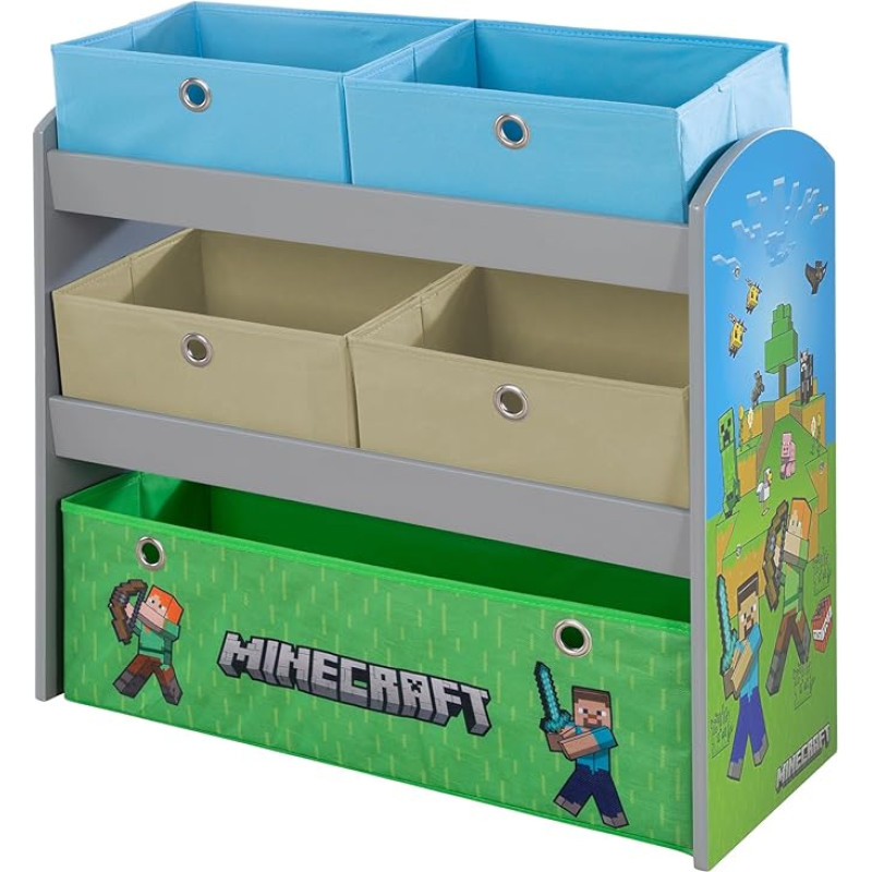 Phoenix Minecraft Game Shelf, Bookcase, Storage Shelf with 5 Fabric Boxes, Children's Furniture with Colourful Design
