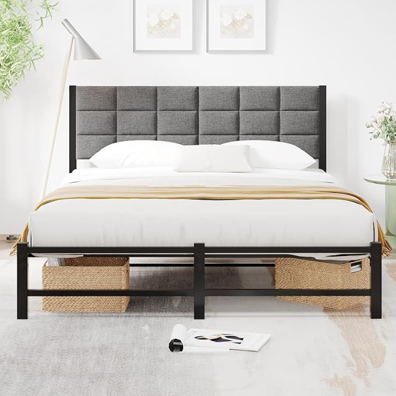 JUISSANO Bed Frame 120 x 200 cm with Metal Slatted Frame, Upholstered Bed 120 x 200 cm Bed with Storage Space, Bed Frame, Youth Bed, Double Bed, Metal Bed with Headboard for Bedroom, Guest Room, Dark