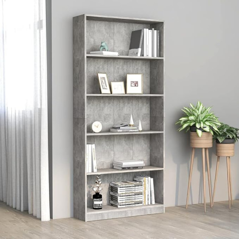 (Blitzlie ferung) Bookcase Display Shelves Modern Style for Office Study Living Room Corridor Bookcase 5 Compartments Concrete Grey 80 x 24 x 175 cm Chipboard