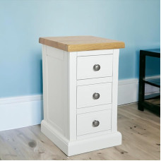 GROF Furniture Snow White 3 Drawer Narrow Real Wood Bedside Table Fully Assembled with Solid Oak Top