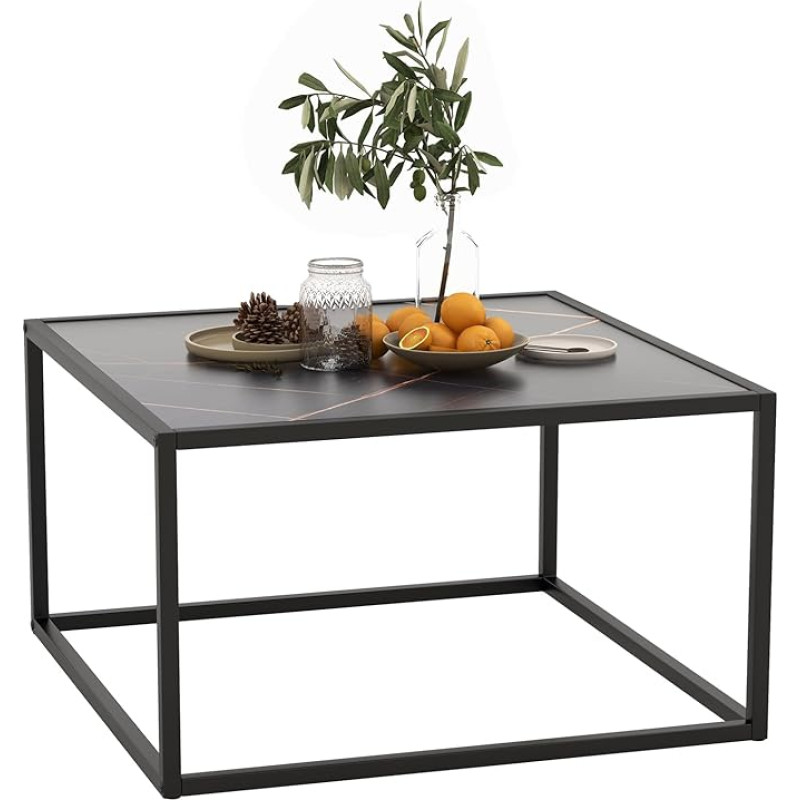 GIANTEX Coffee Table, Marble Look, Coffee Table, Tea Table with Metal Frame, Living Room Table, Modern Sofa Table, Square Side Table for Living Room, 70 x 70 x 40 cm (Black)