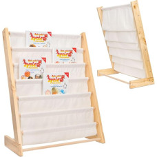Sherwood Store Montessorian Wooden Bookcase, Shelf Furniture for Children's Room with Easy Access Pockets Made of Soft Cotton Fabric, Natural Wood Bookcase for Children, 62.5 × 30 × 79 m