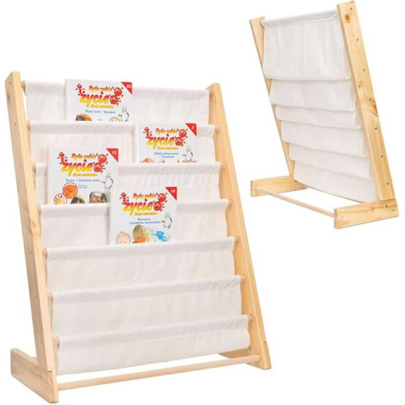 Sherwood Store Montessorian Wooden Bookcase, Shelf Furniture for Children's Room with Easy Access Pockets Made of Soft Cotton Fabric, Natural Wood Bookcase for Children, 62.5 × 30 × 79 m