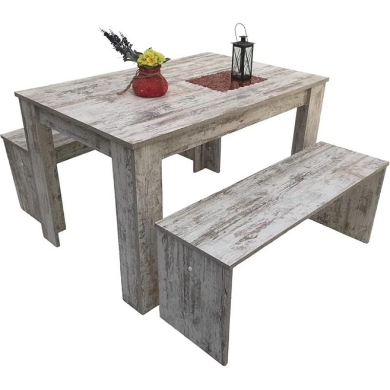 Möbel SD Dining Table Set Benches Set of 3 110 x 70 cm Canyon White Pine Made in Germany