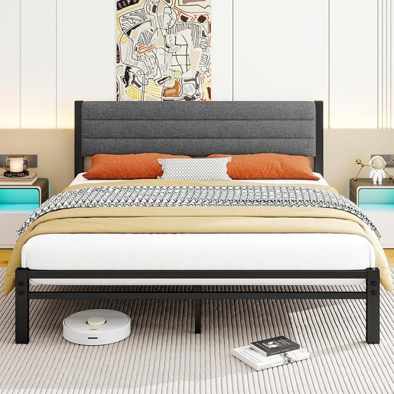 Diahomy King Bed Frame Upholstered Platform Bed Frame Metal Slat Support No Box Spring Required Underbed Storage Easy Assembly King Bed Frame Dark Grey