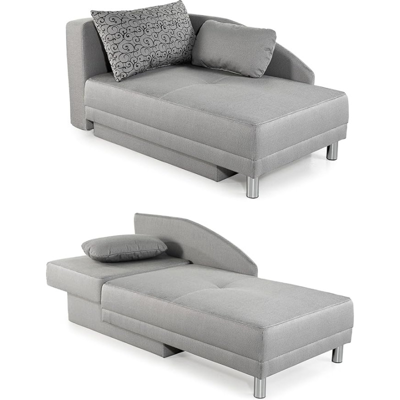 15122 Stylish Chaise Longue with Sleep Function and Bed Box W 149 x D 90 x H 80 cm Spring Core Padding Extendable to Lying Surface of 200 x 84 cm Flat Weave Fabric in Light Grey