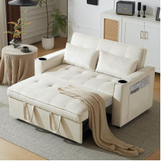 Laxnb 2-Seater Sofa with Sleep Function, Folding Sofa Bed, Double Sofa, Small Couch Sofa, Upholstered Sofa with Adjustable Backrest & Drink Holder, Multifunctional Sofa for Living Room, Velvet Beige