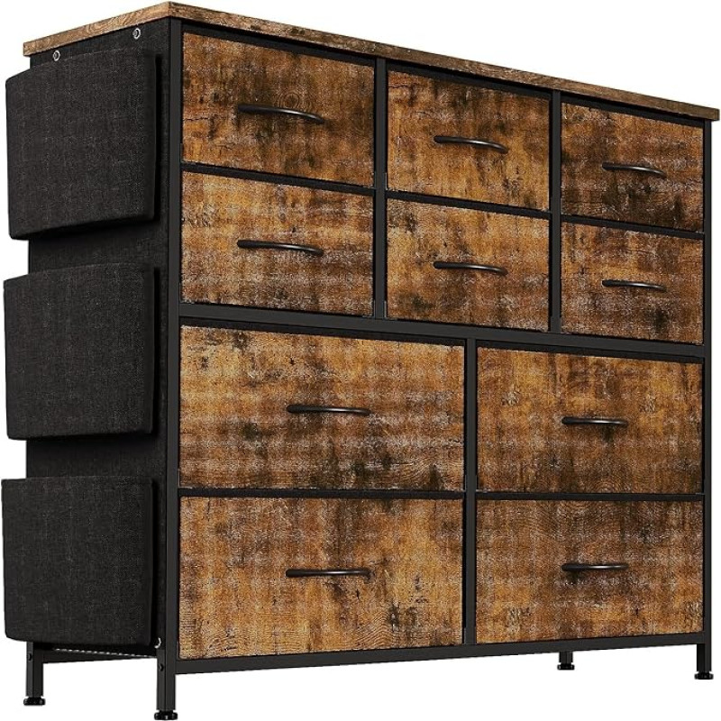 Zstar Chest of Drawers for Bedroom with Drawers, Fabric Storage Cabinet with Metal Frame, Modern Decoration Wooden Table Top Chest of Drawers with 10 Drawers for Bedroom, Hallway, Brown