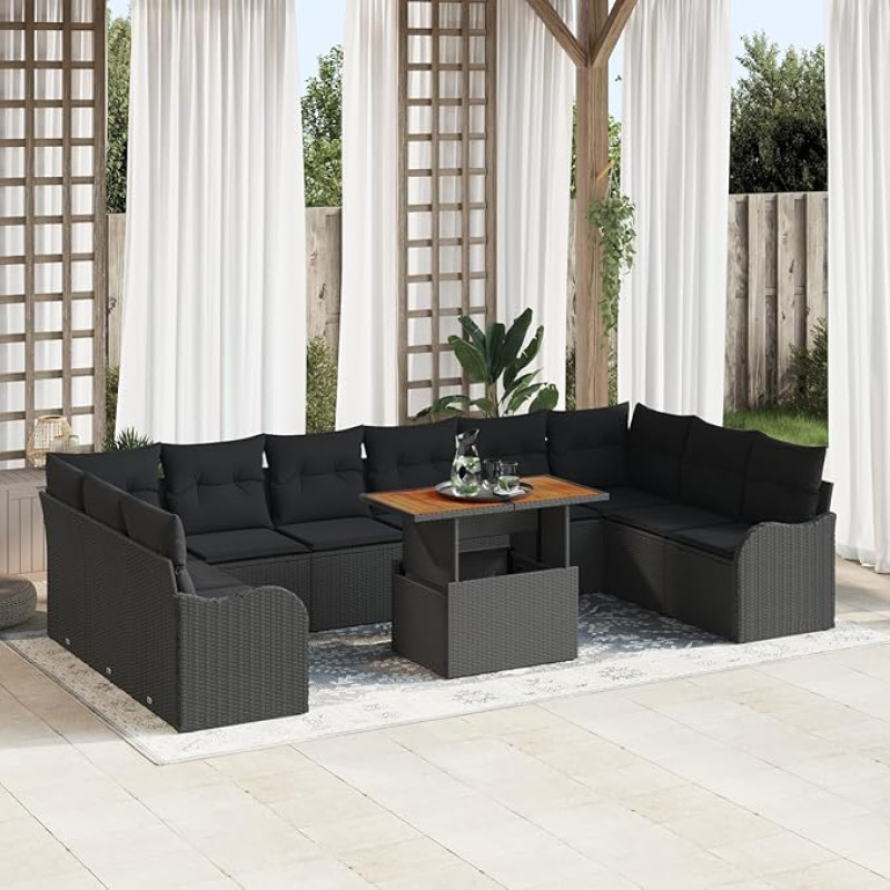 Rantry 11-teiliges Garten-Sofa-Set mit Kissen Schwarz Poly-Rattan, 2-Sitzer Garten-Sofa mit Stauraum und Kissen Schwarz Poly-Rattan Gartenlounge Model3358249