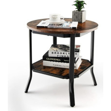 COSTWAY Round Industrial Side Table, Sofa Table with 2 Shelves, Coffee Table with Metal Frame, Small Coffee Table for Living Room, Bedroom, Vintage Brown, 50 x 50 x 49.5 cm