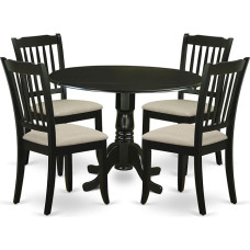 5 Piece Dining Set Includes Round Dining Table with Dropped Leaves and Four Vertical Slatted Bases, Microfibre Kitchen Chairs, Black Finish