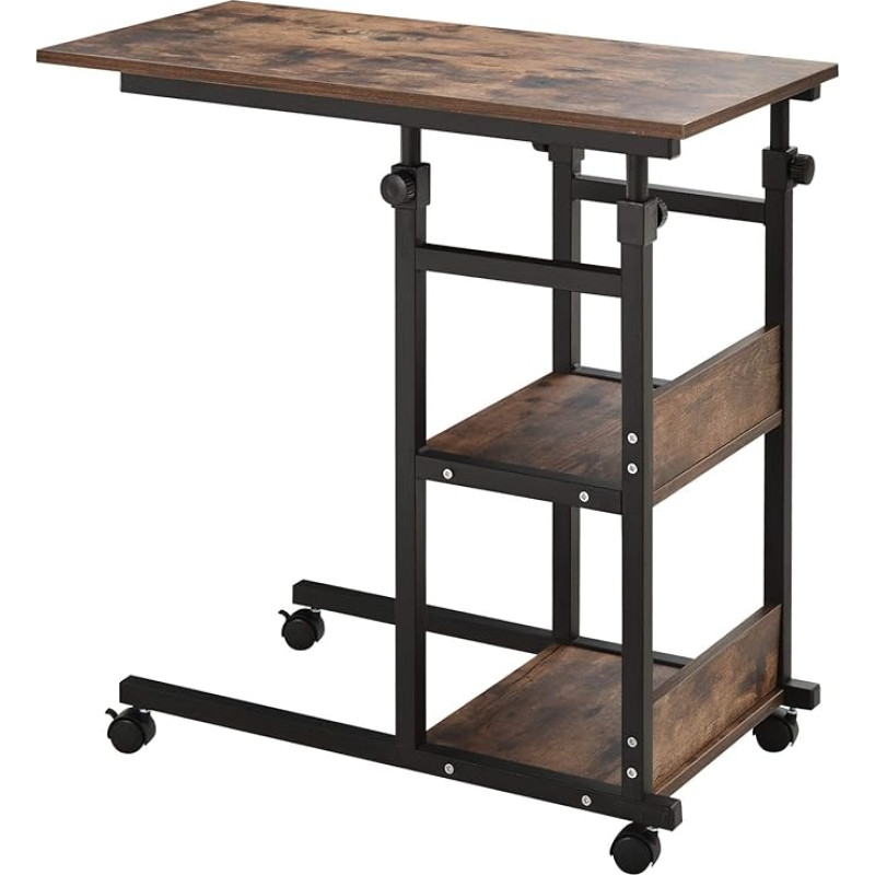 HOMCOM Side Table Coffee Table with Wheels, Height-Adjustable Desk with 2 Lower Shelves, Sofa Table, Laptop Table, Bed Table, for Dining Room, Living Room, Metal, Rustic Brown, 80 x 40 x 72-82 cm