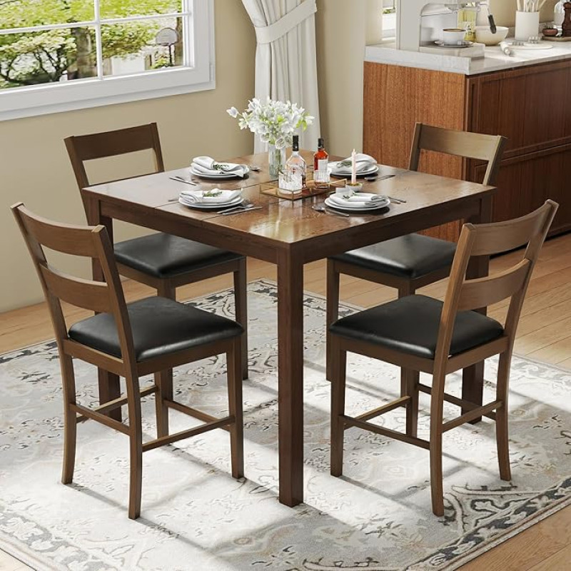5 Piece Dining Table Set with 4 Chairs, Rubber Wood Kitchen Table and Chairs & PU Cushions, Compact Space Saving Dining Furniture for Small Spaces, Brown