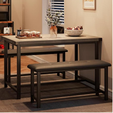 GarveeHome Esstisch-Set für 4 Personen, Küchentisch mit 2 gepolsterten Bänken, Holz, Küche, Esszimmer-Set, für kleine Räume, Wohnung, Zuhause, Abendessen, Retro-Grau