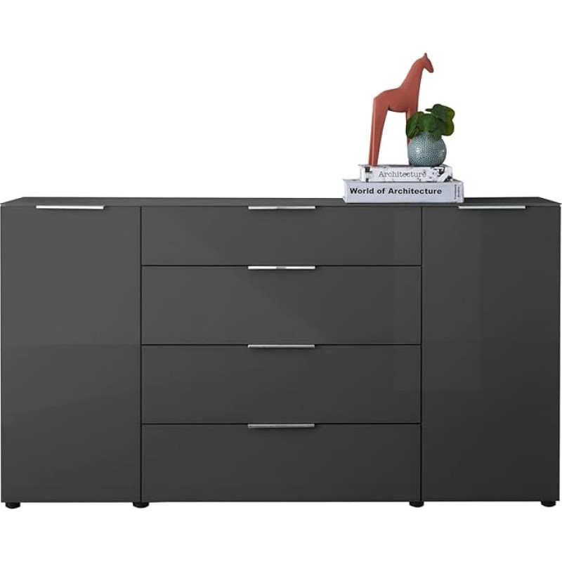 Stella Trading Santorin Sideboard Chest of Drawers Anthracite 180 cm Wide with Glass Front Cabinet Body in Anthracite with Top Shelf in Glass and Drawers for Your Living Area 180 x 99 x 40 cm (W x H x