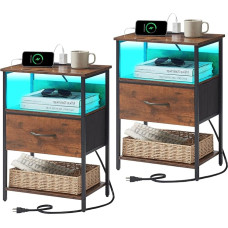 Somdot Bedside Table with Charging Station and LED Light for Bedroom, Bedside, Side Table for Dorm, Living Room, Bedside, Nursery, Laundry Closet, Entryway, Hallway, Wood Grain