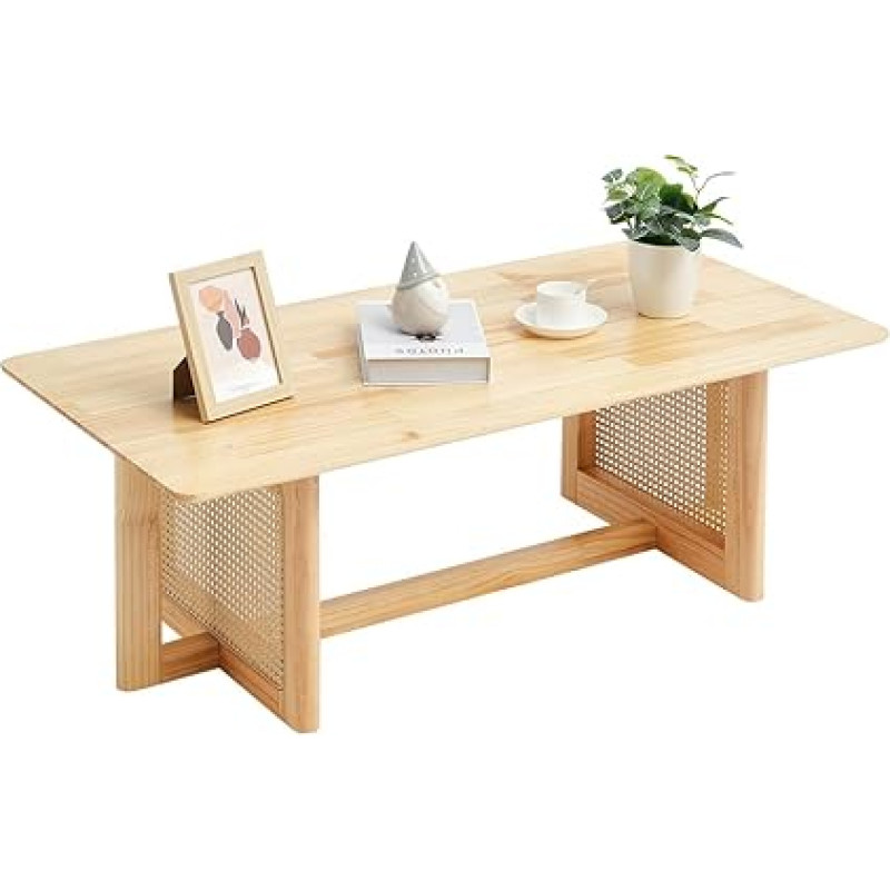 VEVOR Rattan Coffee Table Rectangular Coffee Table Woven Rattan Wood with Rubberwood Top 120cm Modern Boho Coffee Table with Storage Space & Natural Wood Legs for Living Room