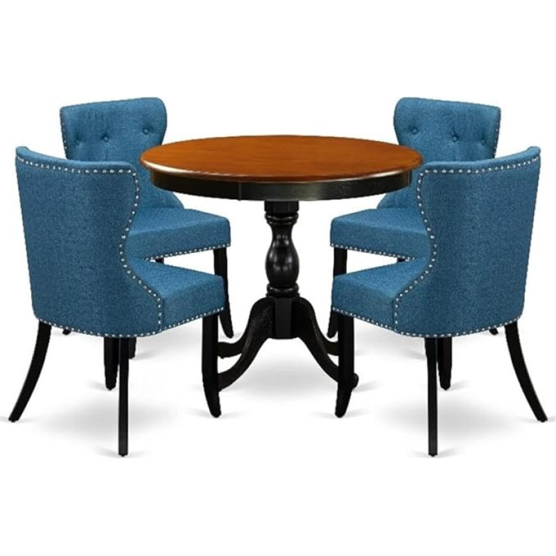 East West Furniture AMSI5-BCH-21 Antikes 5-teiliges Zimmermöbel-Set, bestehend aus einem runden Küchentisch mit Sockel und 4 Parsons-Esszimmerstühlen aus blauem Leinenstoff, 91,4 x 91,4 cm