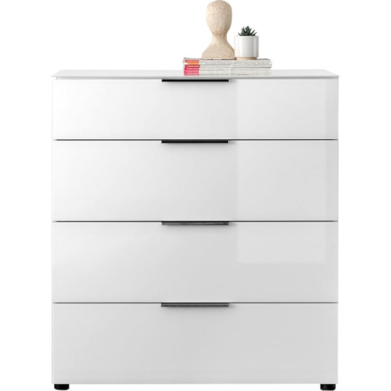 Stella Trading Santorin Chest of Drawers White with Glass Front, Cabinet Body in White with Glass Top Shelf and Drawers for Your Living Area – 90 x 99 x 40 cm (W x H x D)