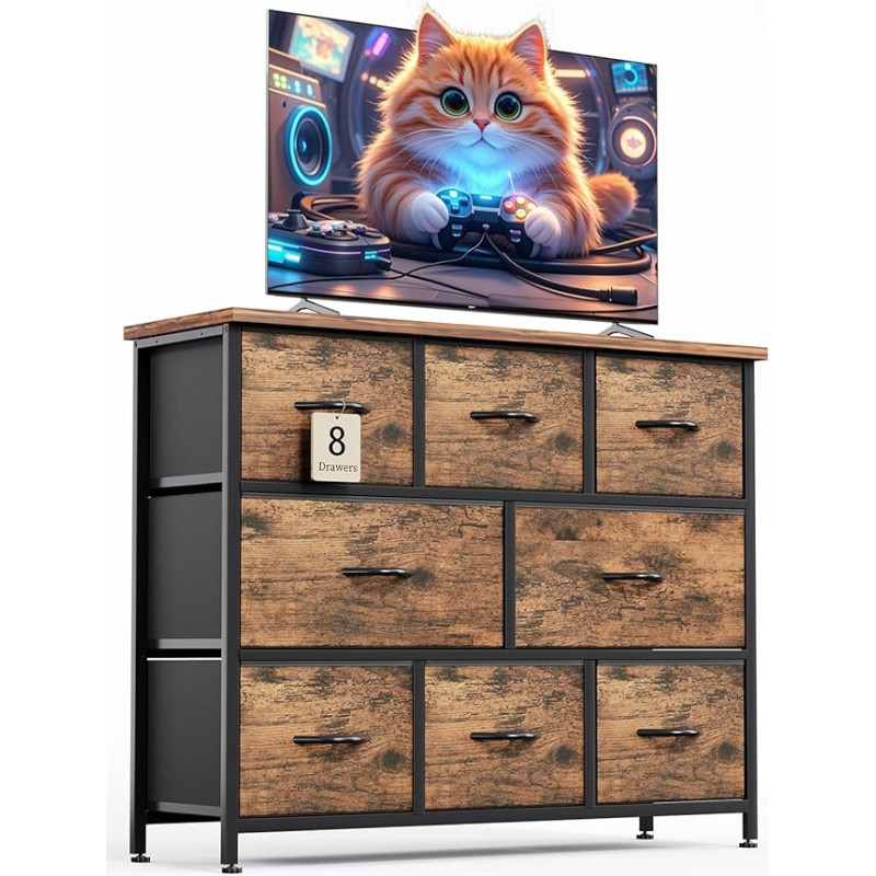 MUTUN Chest of Drawers with 8 Drawers, Fabric Drawer Cabinet with Easy Pull Handle, Dressers with Wooden Top and Sturdy Steel Frame for Bedroom, Living Room, Rustic Brown