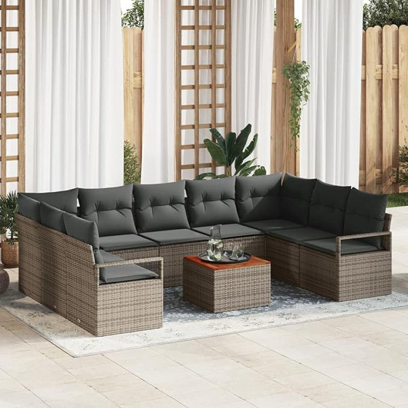 Rantry 10 teiliges Garten Sofa Set mit Kissen Grau Poly Rattan Akazie, 2-Sitzer Garten Sofa mit Kissen Grau Poly Rattan Gartenlounge Model3347748