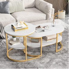 Henunem Round Coffee Table, Set of 2, Modern Nesting Coffee Table, Side Table, Living Room Table, Marble Look with Metal Frame and Shelf, for Bedroom, Balcony (Golden-002)