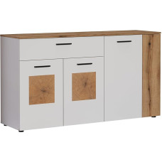 trendteam smart living - Vitoria Sideboard - White Matt / Evoke Oak - Chest of Drawers with End Grain Wood Appliques - (W x H x D) 150 x 83 x 42 cm - Full Extension Drawer and 5 Compartments