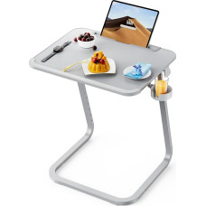 SAIJI Side Table, Double Use Bed Tray, Laptop Table, Coffee Table, Sturdy Side Table C Shape, Living Room Table, Height Adjustable Angle, with Tablet Slot, Drink Holder, 55 x 39 cm
